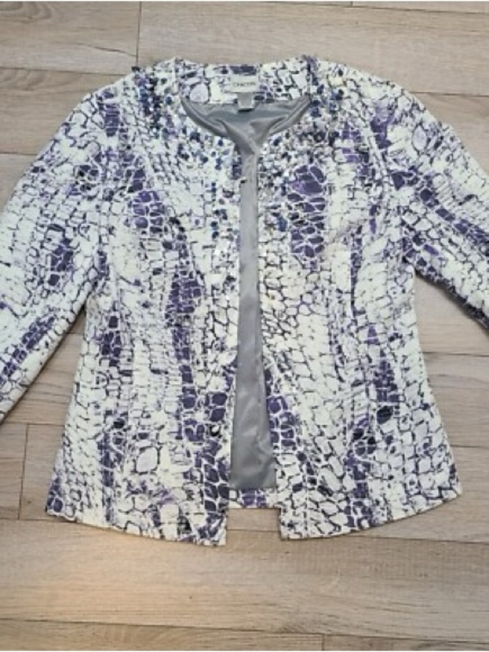 Chico's White and Purple/Blue Textured Open-Front Blazer